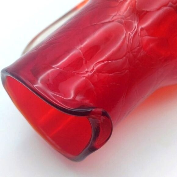 Vintage MCM Hand Blown Red Crackle Glass Pinched Pitcher Applied Clear Handle - Picture 5 of 11